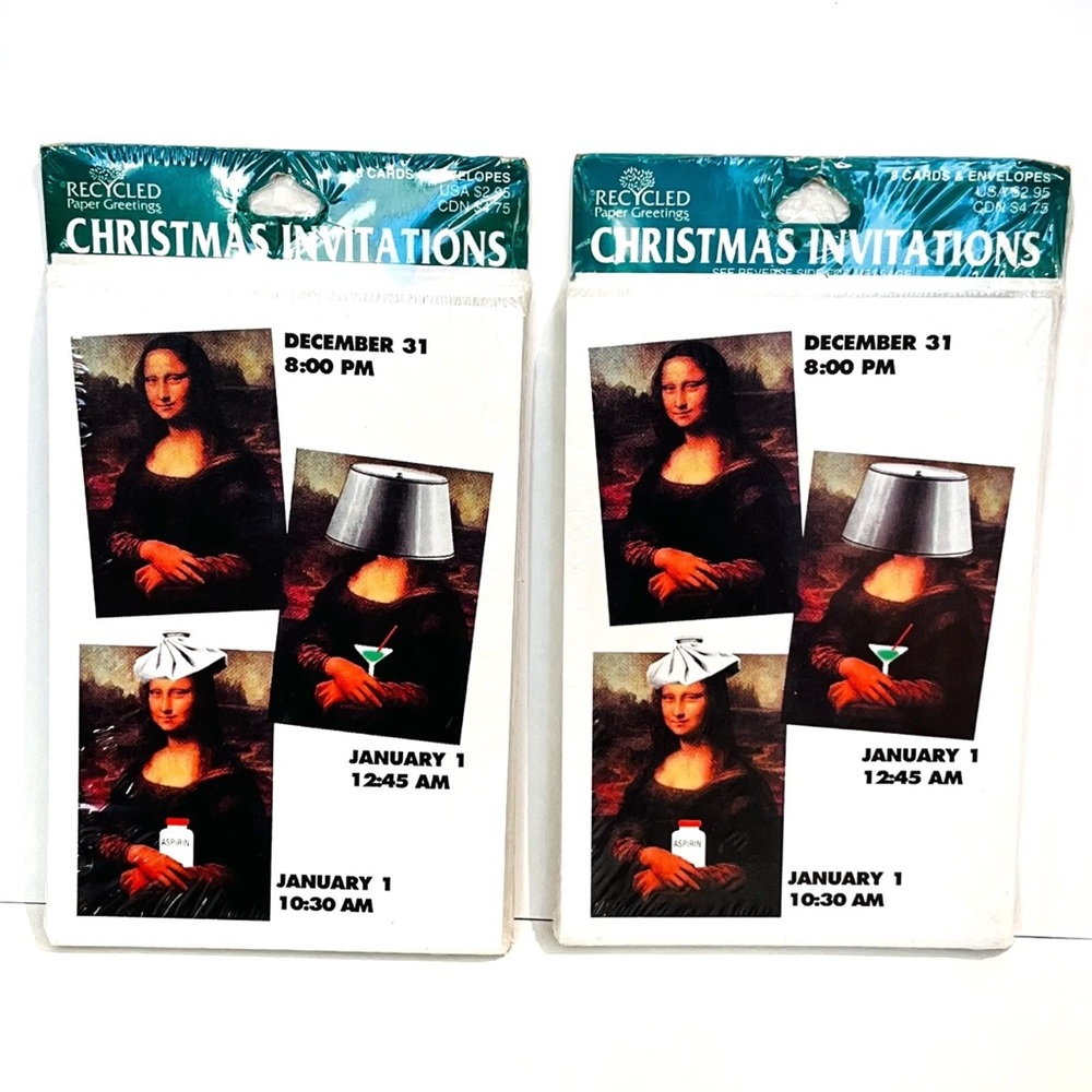 Vintage Mona Lisa New Years Eve Invitation Cards Envelopes Two Packs Paris Funny
